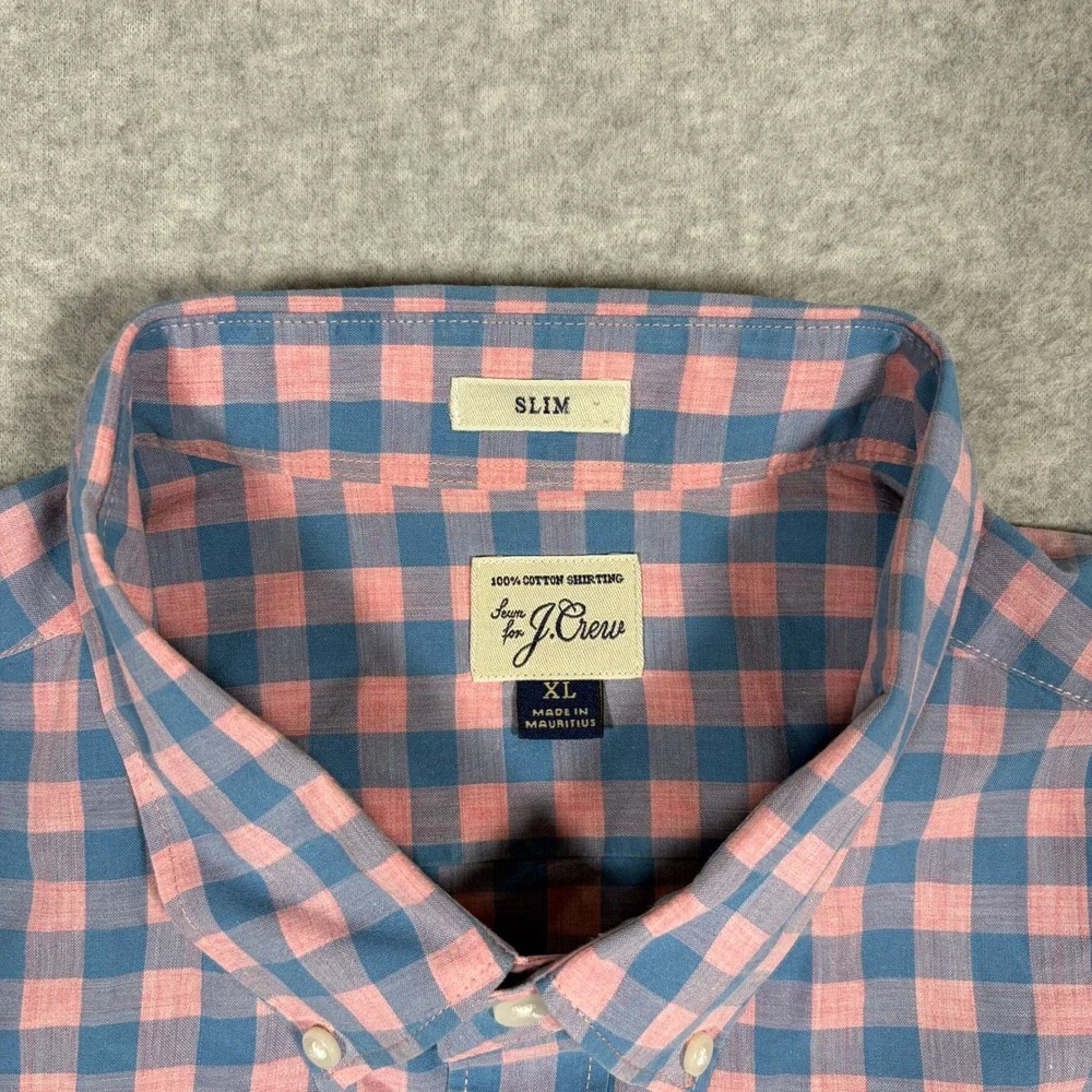 J. Crew Slim Fit Button Down Shirt Mens XL Pink Blue Gingham Plaid Long Sleeve